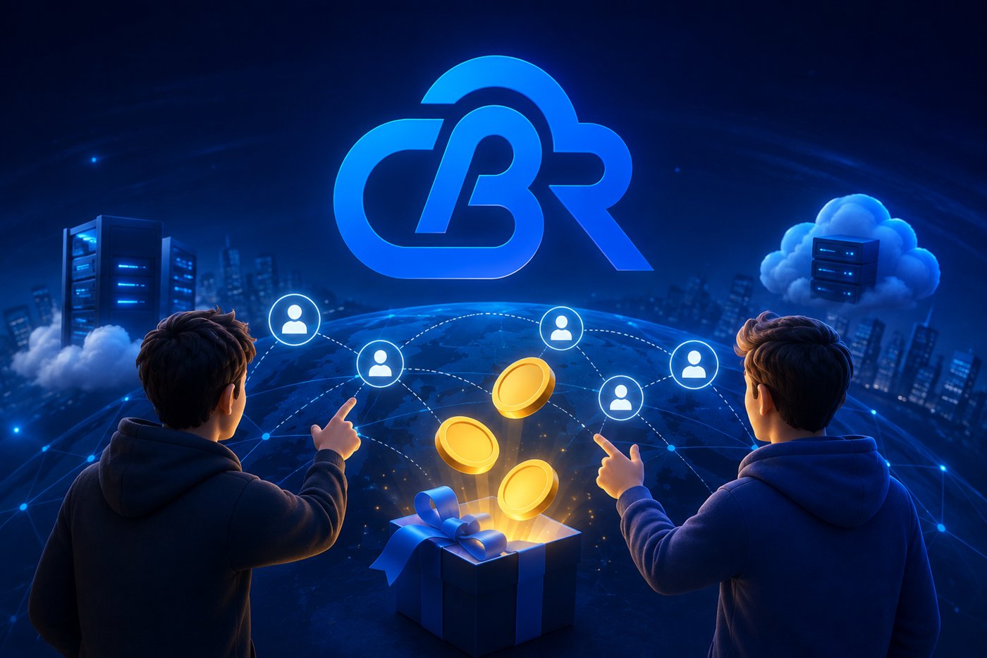 Deux amis regardent leurs crédits de parrainage tomber d'un coffret, reliés au réseau CBR-Cloud