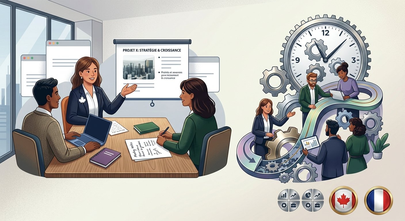 Illustration : une réunion d'accompagnement autour d'une présentation de projet, et une équipe qui fait tourner les rouages d'un service assuré au Canada comme en France