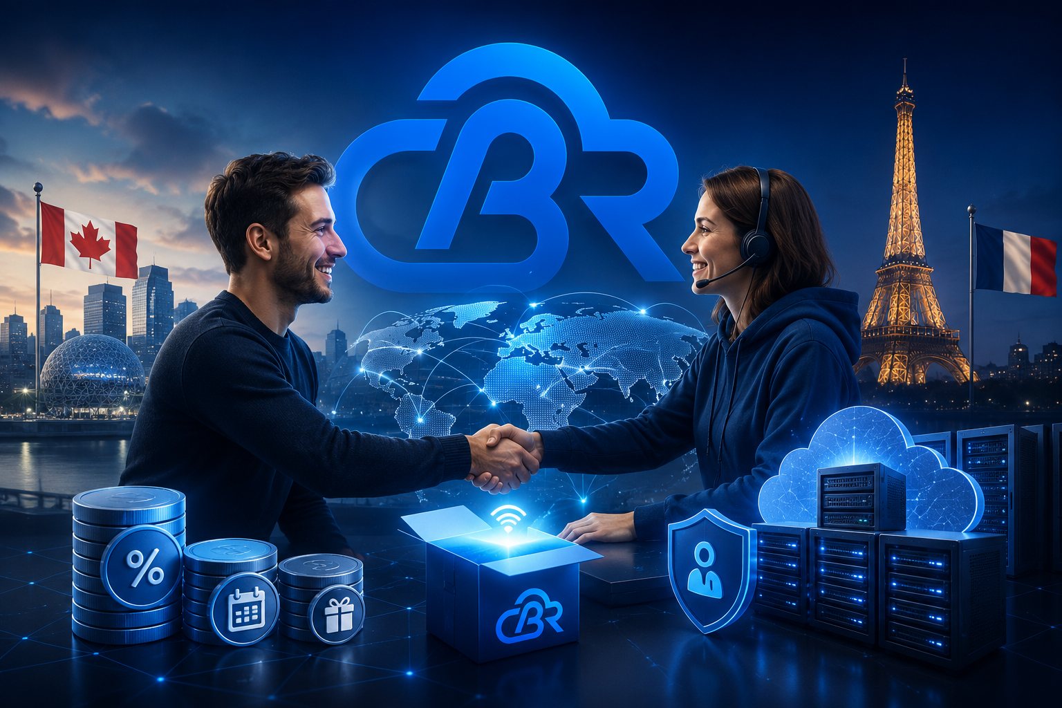 Poignée de main entre un créateur et l'équipe CBR-Cloud, entre le Canada et la France