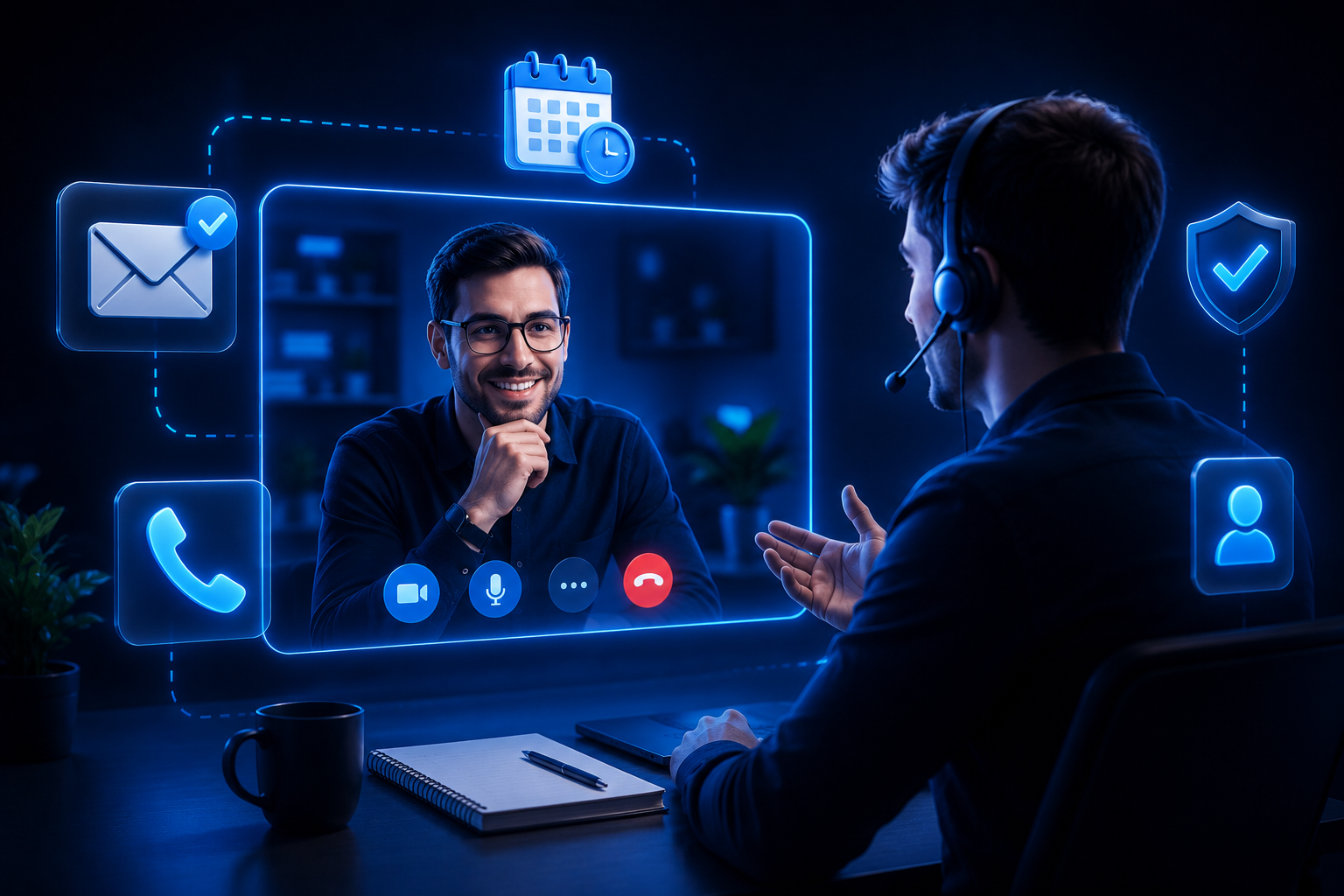 Un expert en casque échange en visioconférence avec un client